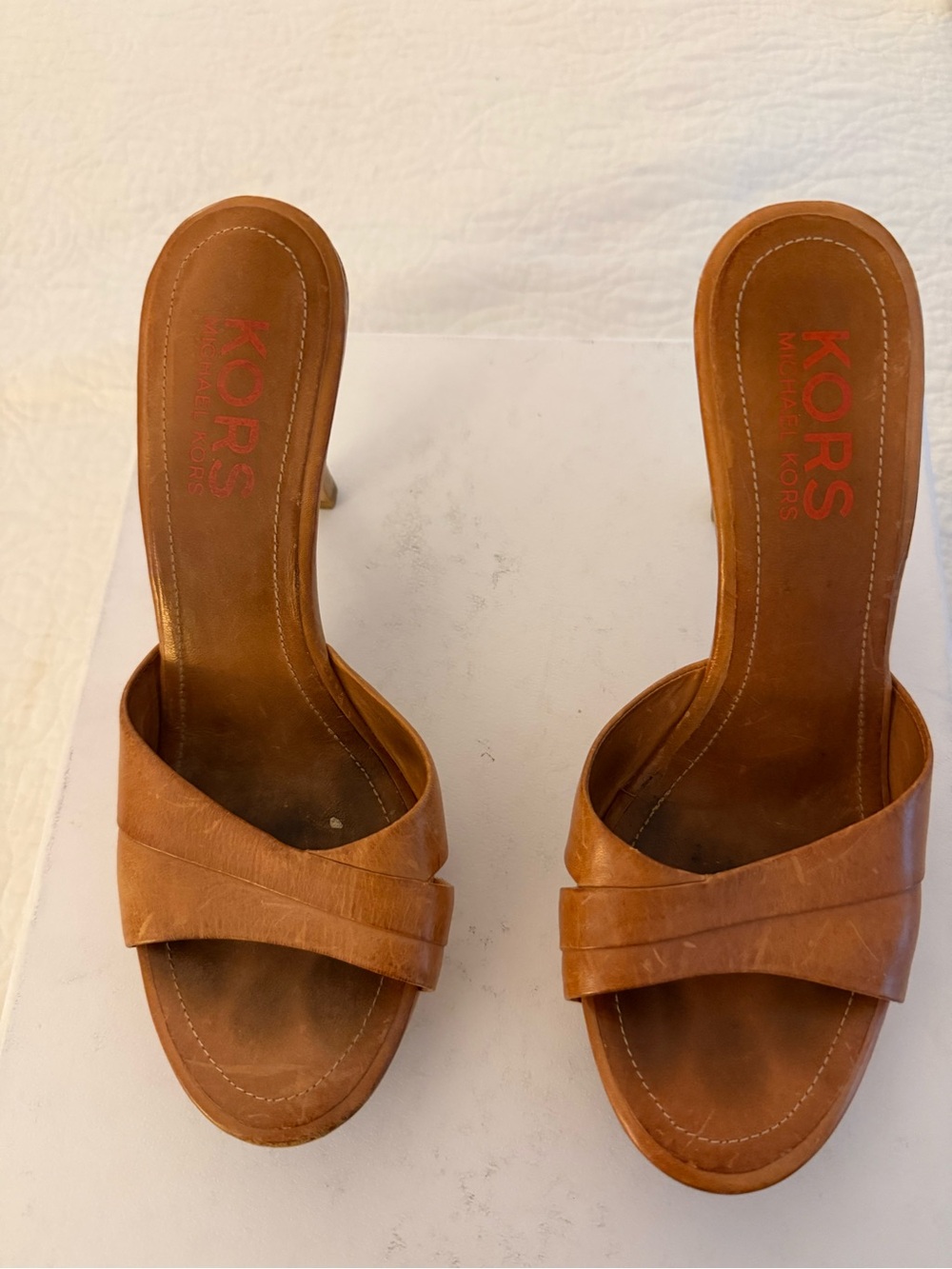 Michael Kors Cognac Distressed Leather Slip-On Mules